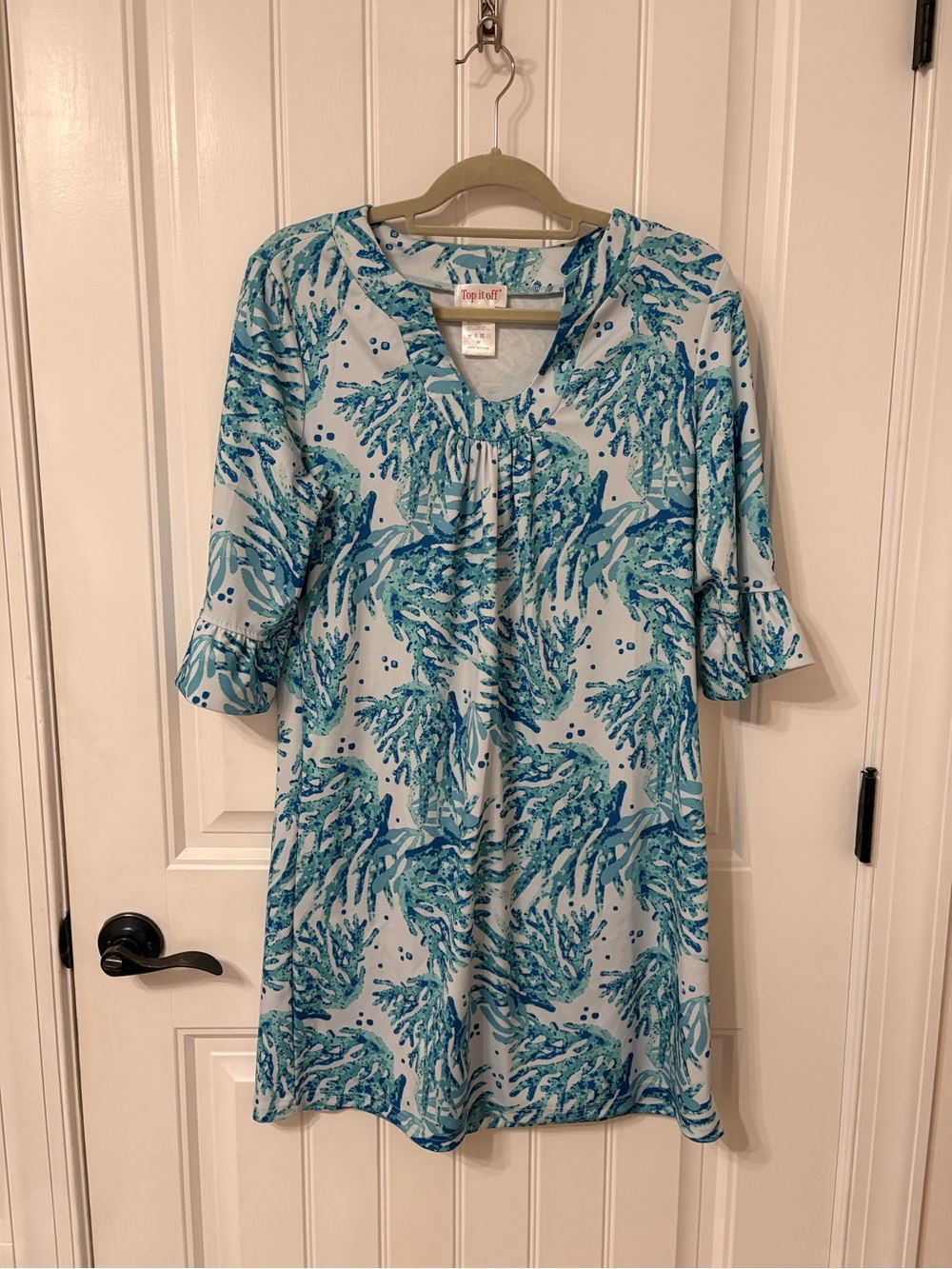 Light Teal & Blue Coral Reef Printed V-Neck Midi Dress